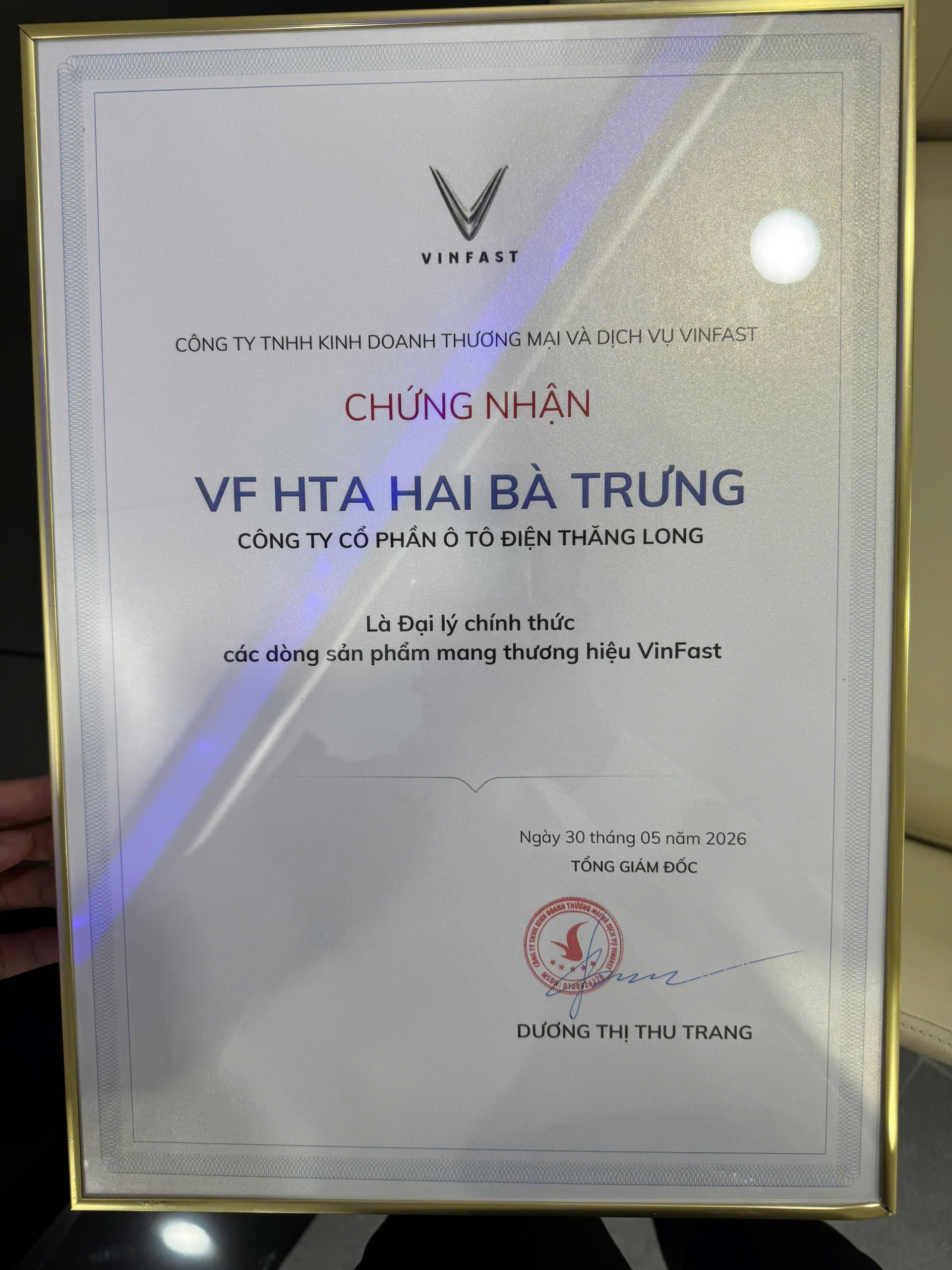 Chứng nhận đại lý phân phối chính thức VinFast