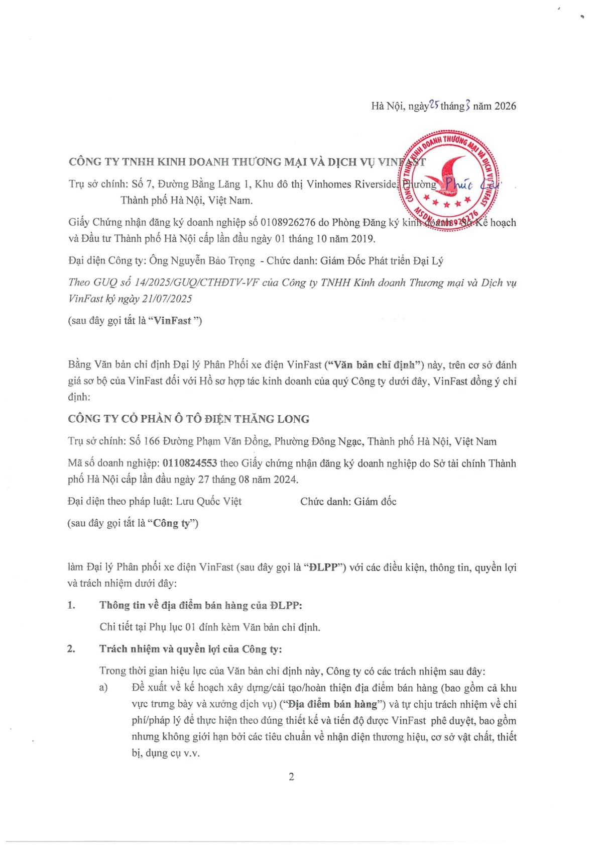 Văn bản chỉ định Đại lý phân phối xe điện VinFast - Công ty Cổ phần Ô tô Điện Thăng Long
